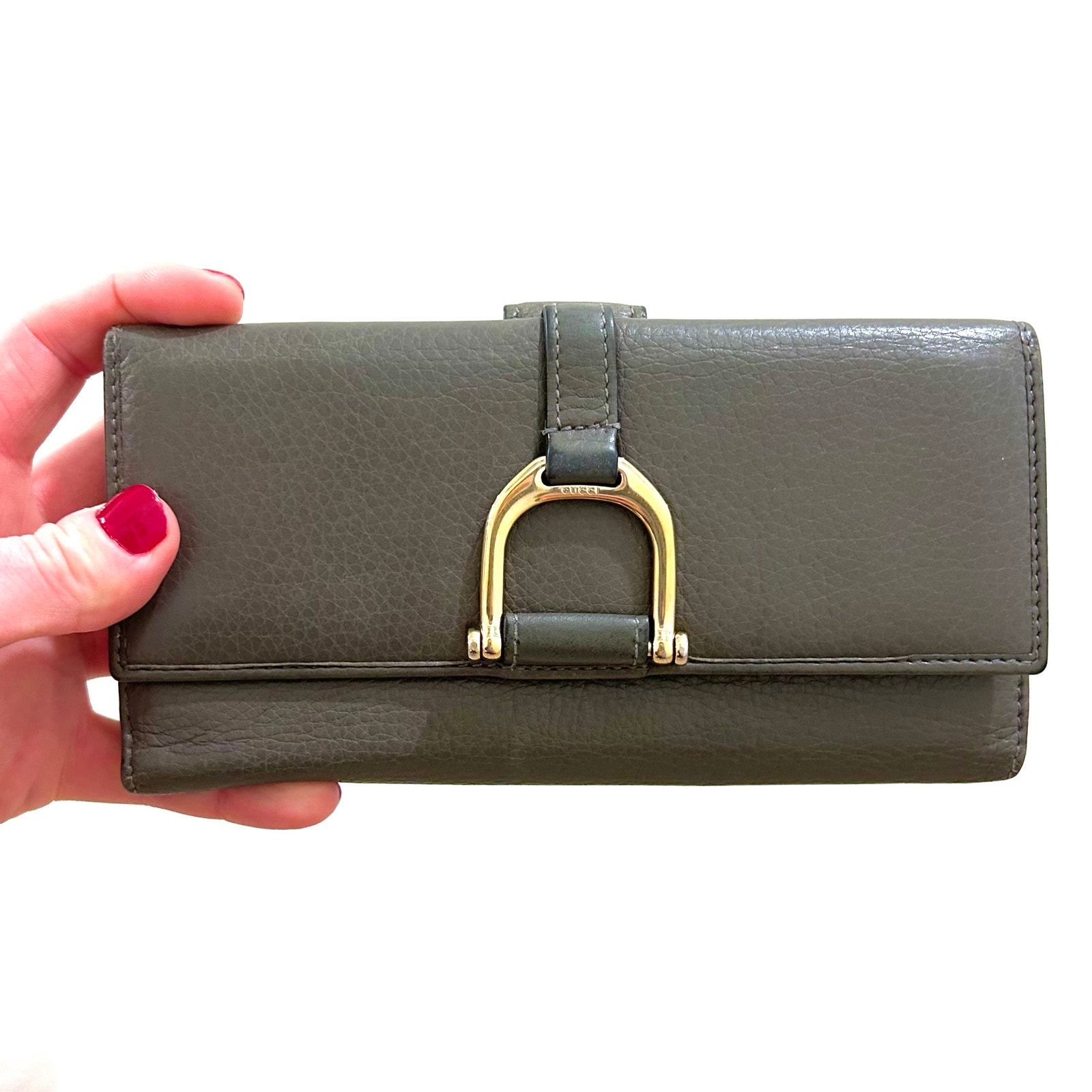 Gucci Continental Bifold Wallet Gray Leather Horsebit Gold Hardware